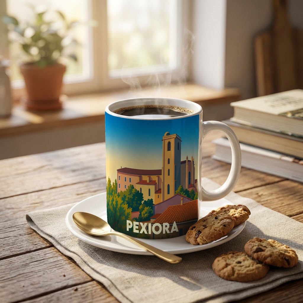 Mug souvenir de la ville de Pexiora orné d'une illustration stylisée de son église et de ses paysages.