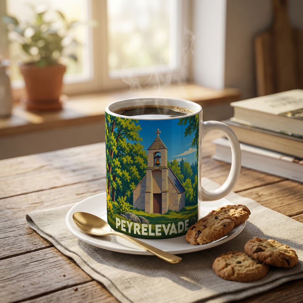 Mug souvenir de la ville de Peyrelevade avec une illustration stylisée d'une petite église.