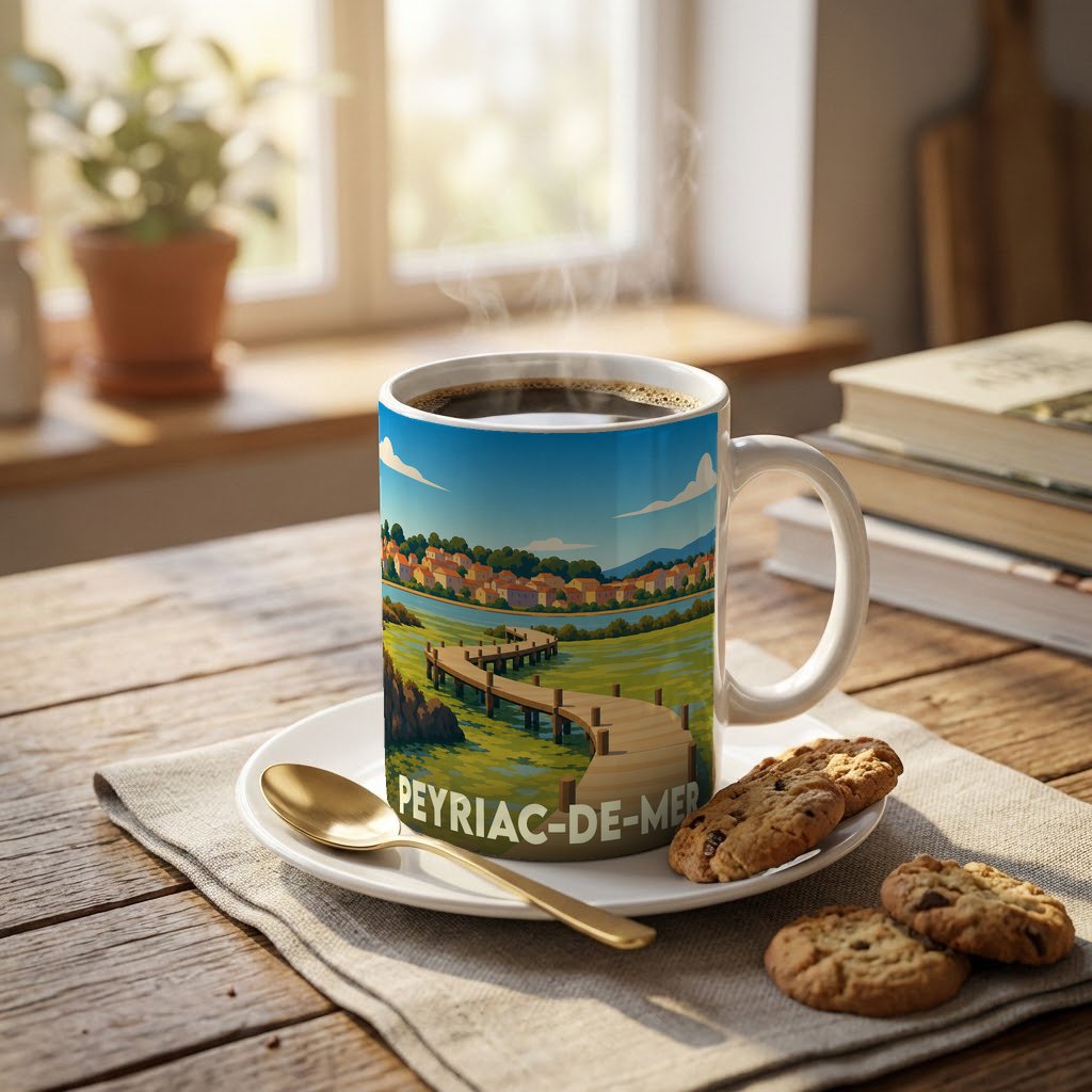 Mug souvenir de la ville de Peyriac-de-Mer illustré d'un ponton sur l'étang devant le village.