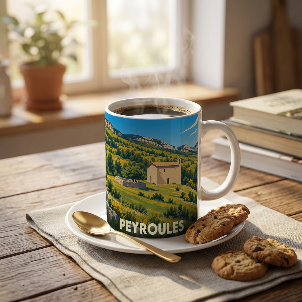 Mug souvenir de la ville de Peyroules orné d'une illustration paysagère stylisée.