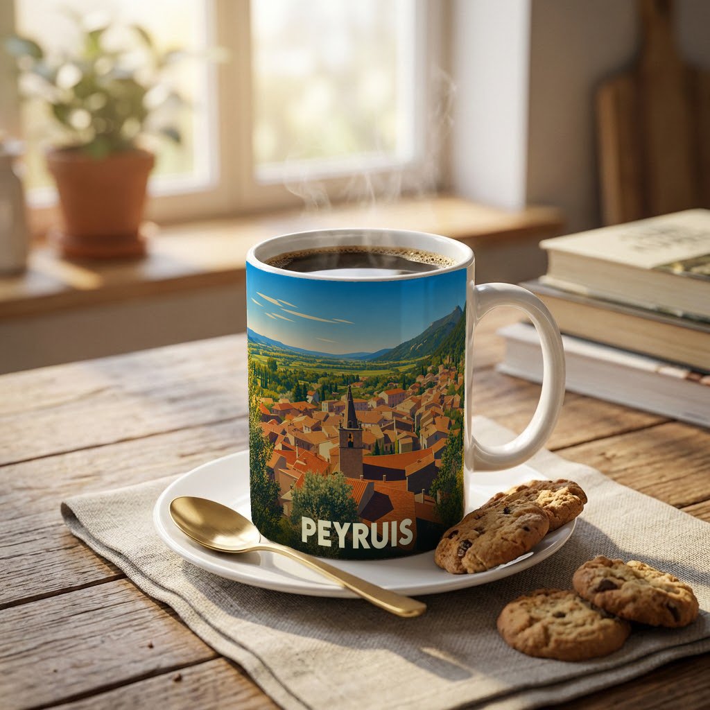 Mug souvenir de la ville de Peyruis avec une illustration stylisée de ses toits provençaux.