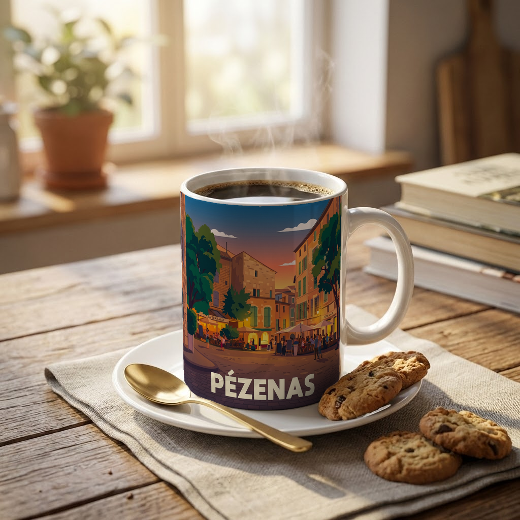 Mug souvenir de la ville de Pézenas avec une illustration stylisée de ses rues historiques.