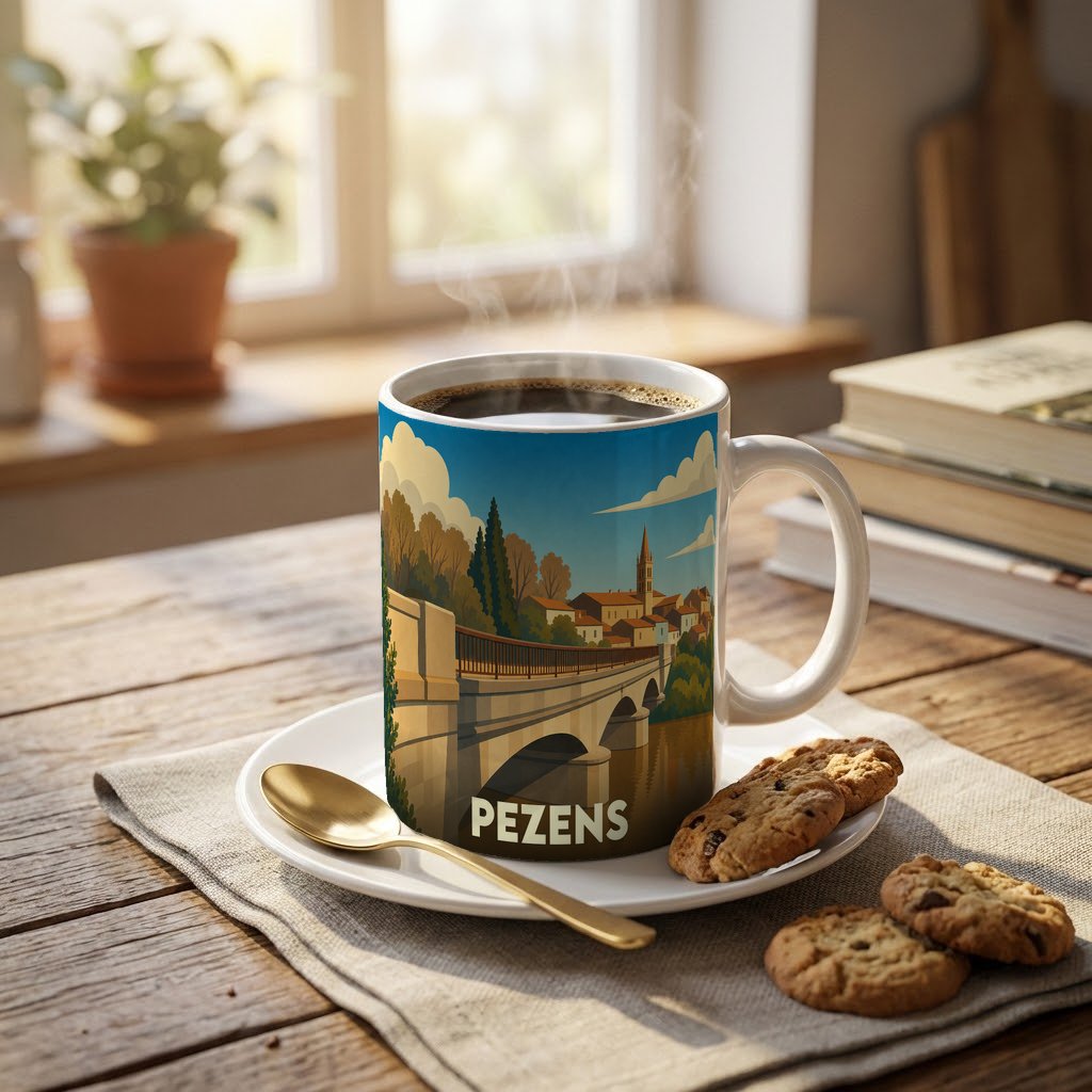 Mug souvenir de la ville de Pezens orné d'une illustration stylisée représentant son pont et son église.