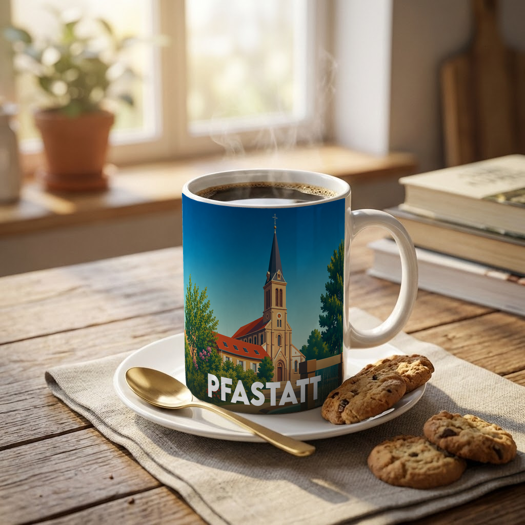 Mug souvenir de la ville de Pfastatt orné d'une illustration stylisée de son église.