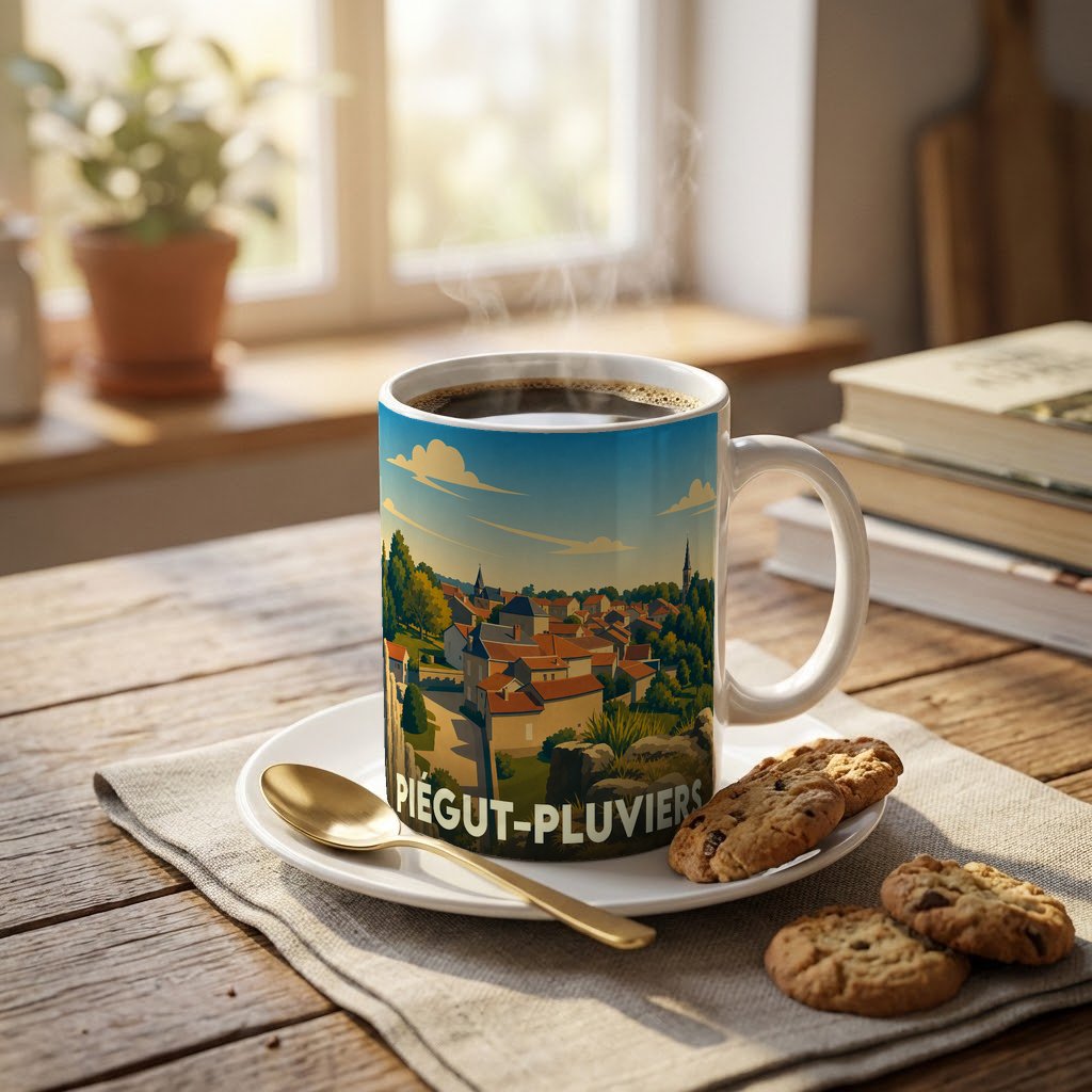 Mug souvenir de la ville de Piégut-Pluviers avec une illustration stylisée.