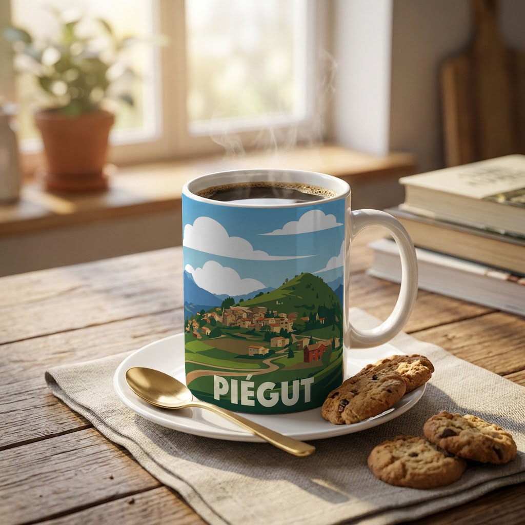 Mug souvenir de la ville de Piégut avec une illustration stylisée.