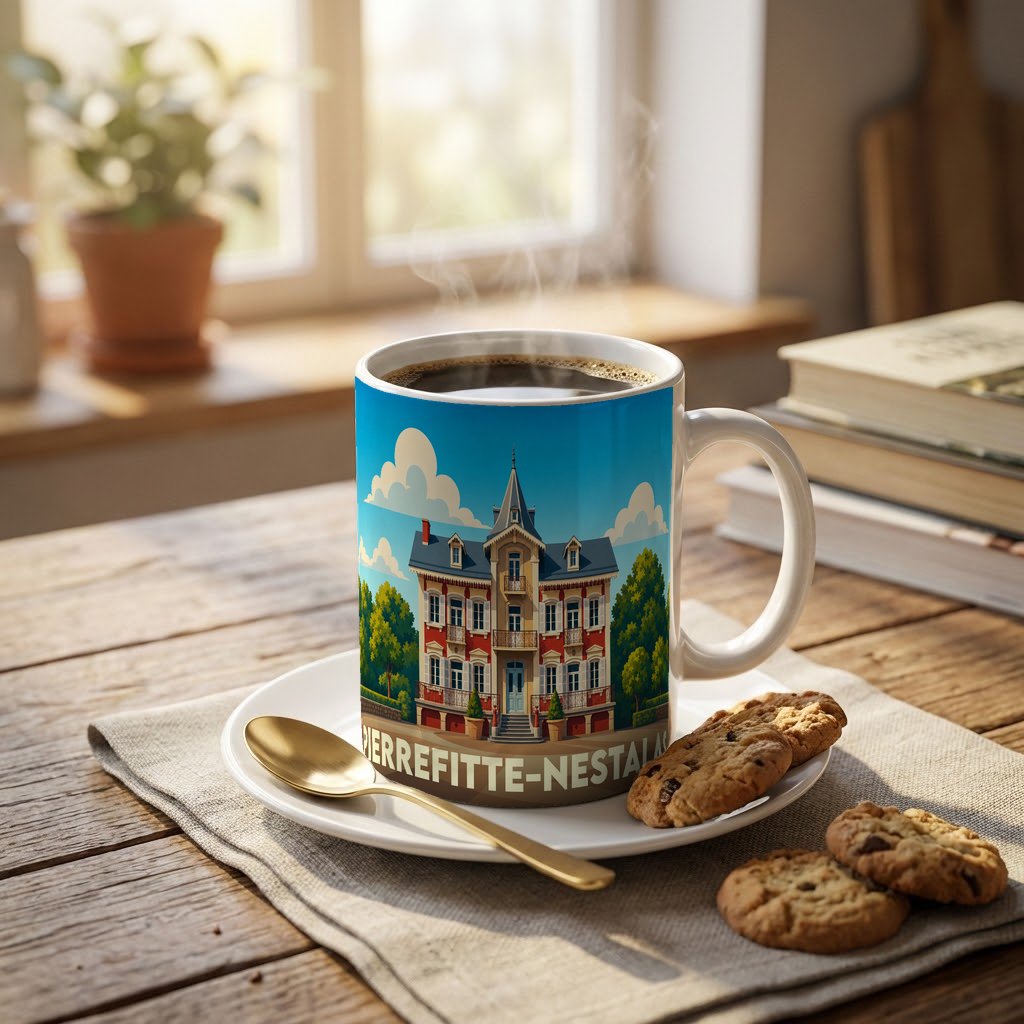 Mug souvenir de la ville de Pierrefitte-Nestalas avec une illustration stylisée d'un bâtiment historique.