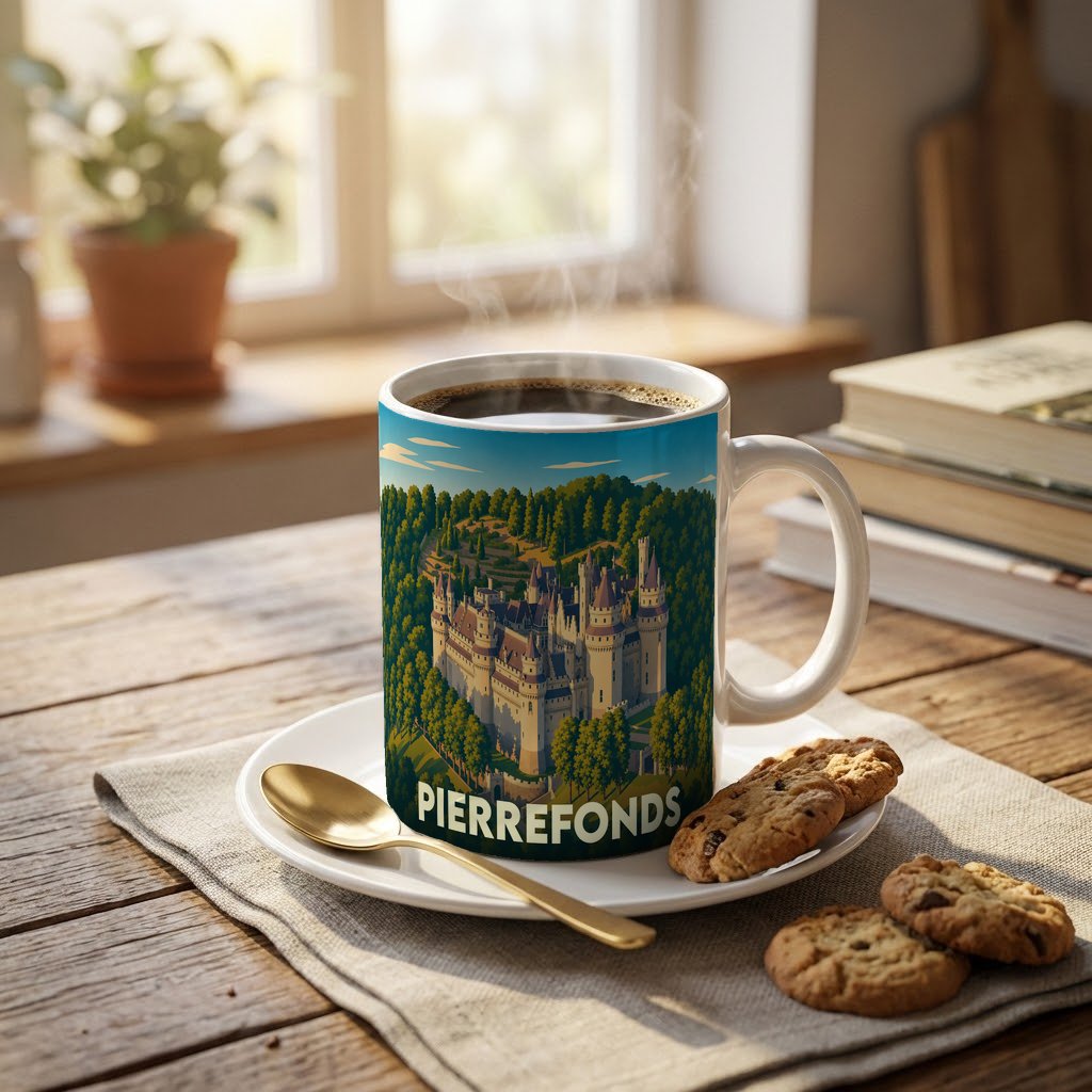 Mug souvenir de la ville de Pierrefonds orné d'une illustration stylisée de son château.