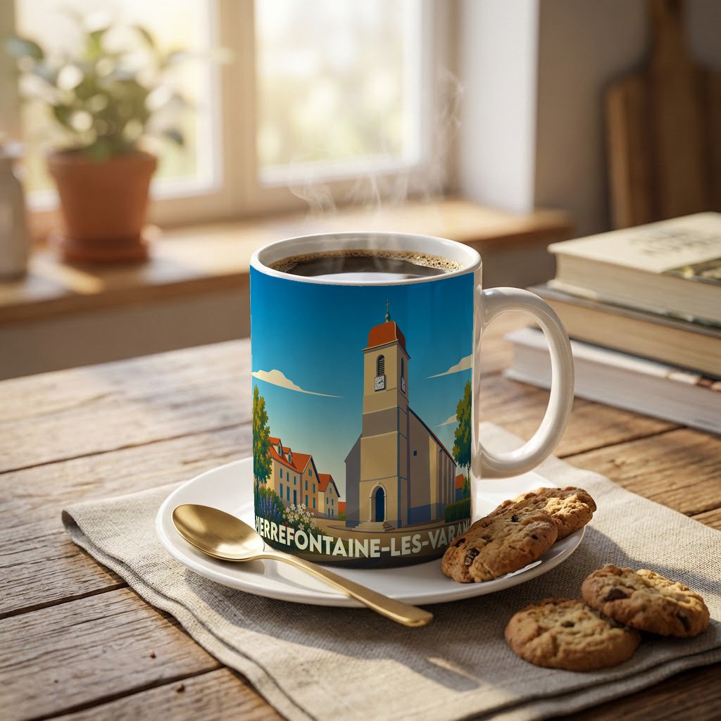 Mug souvenir de Pierrefontaine-les-Varans avec une illustration stylisée de son église et de ses maisons.