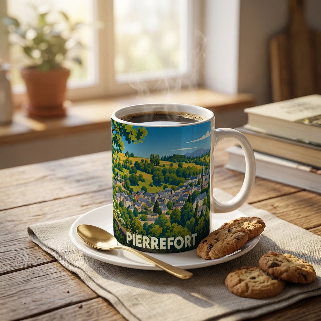 Mug souvenir de la ville de Pierrefort orné d'une illustration paysagère stylisée.