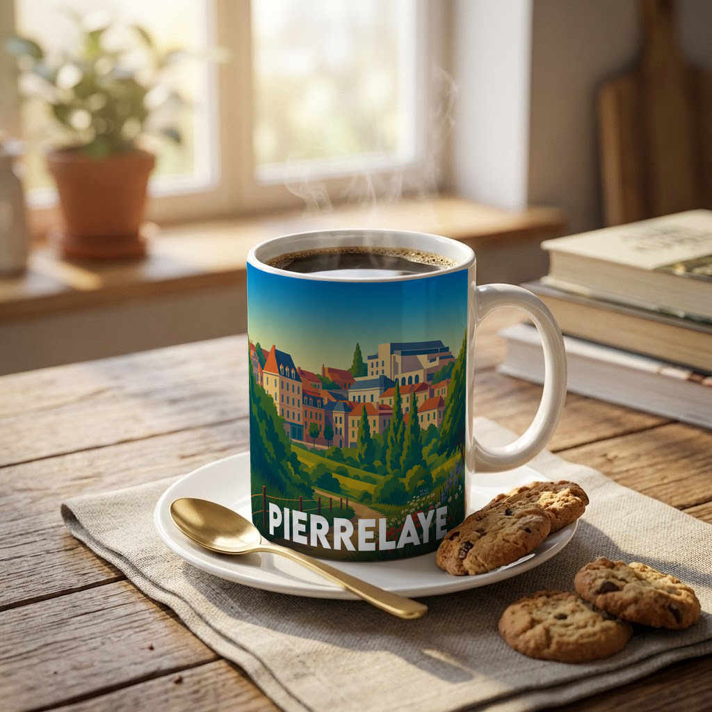 Mug souvenir de la ville de Pierrelaye avec une illustration colorée et stylisée de son paysage urbain.