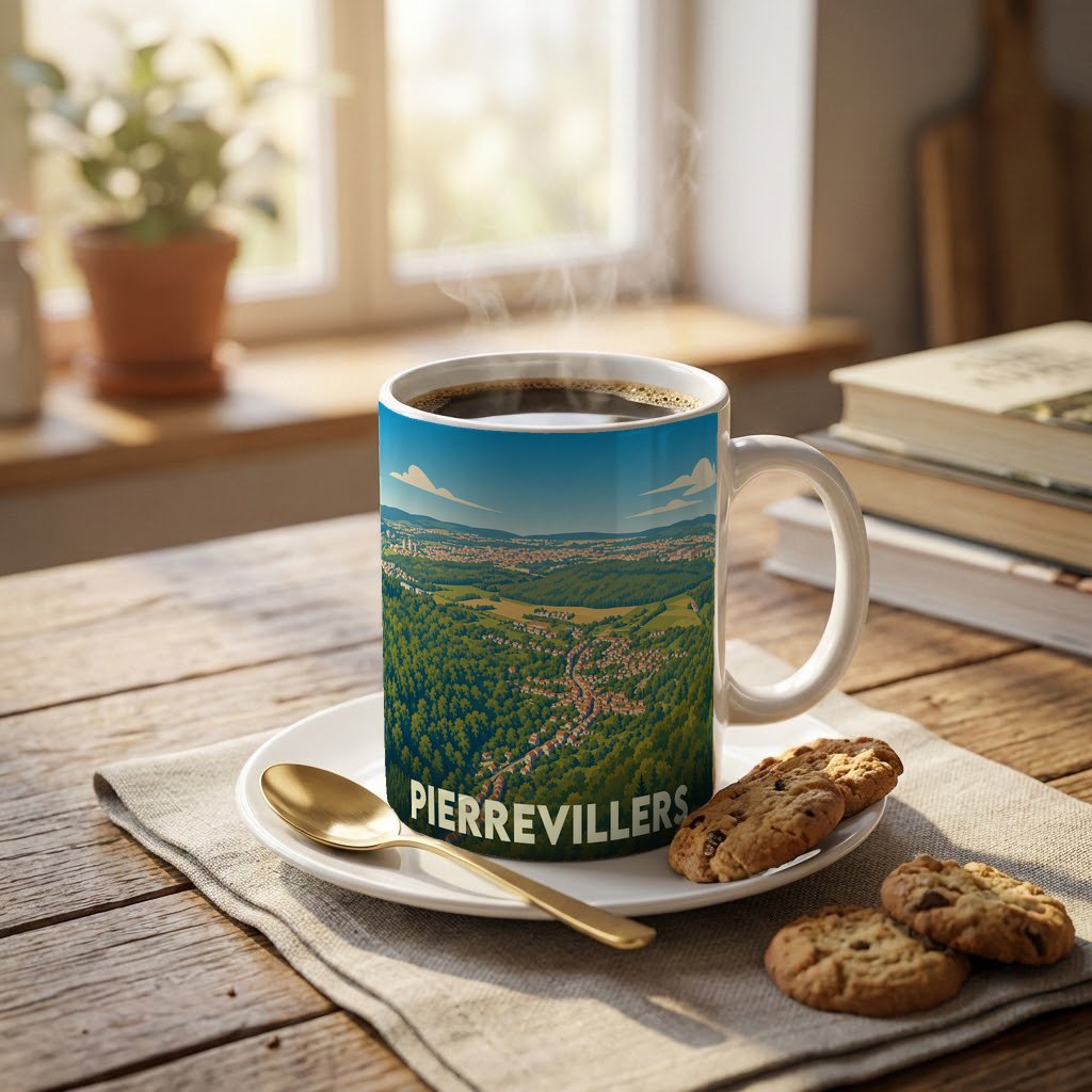 Mug souvenir de la ville de Pierrevillers illustré d'un paysage panoramique stylisé.