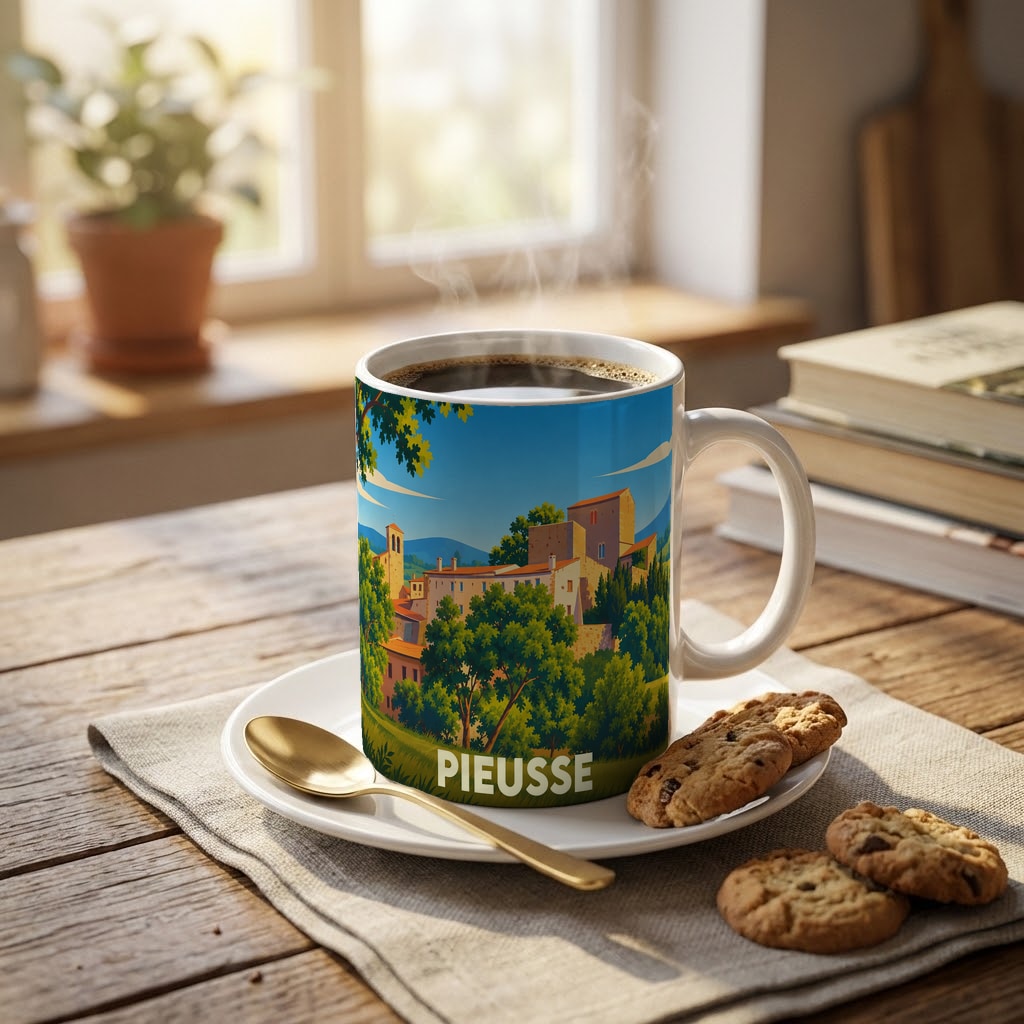 Mug souvenir de la ville de Pieusse orné d'une illustration paysagère stylisée.