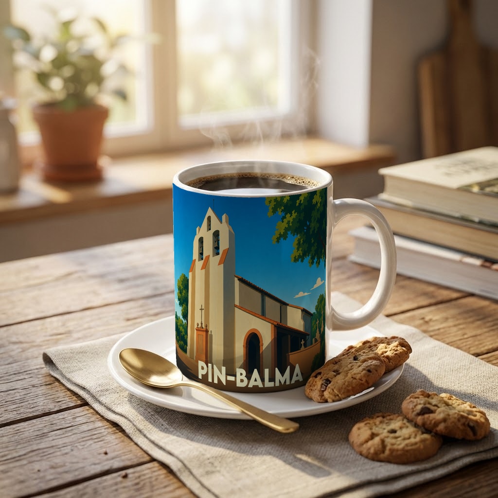 Mug souvenir de la ville de Pin-Balma illustré d'un dessin stylisé de son église.