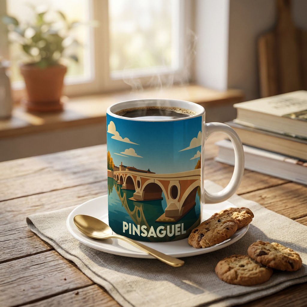 Mug souvenir de la ville de Pinsaguel avec une illustration stylisée d'un pont enjambant l'eau.