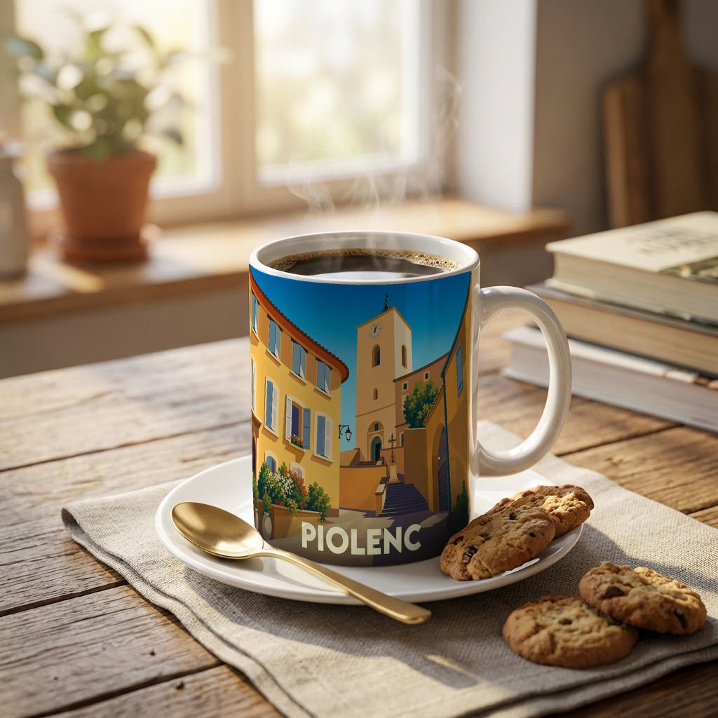 Mug souvenir de la ville de Piolenc orné d'une illustration stylisée de son architecture provençale.