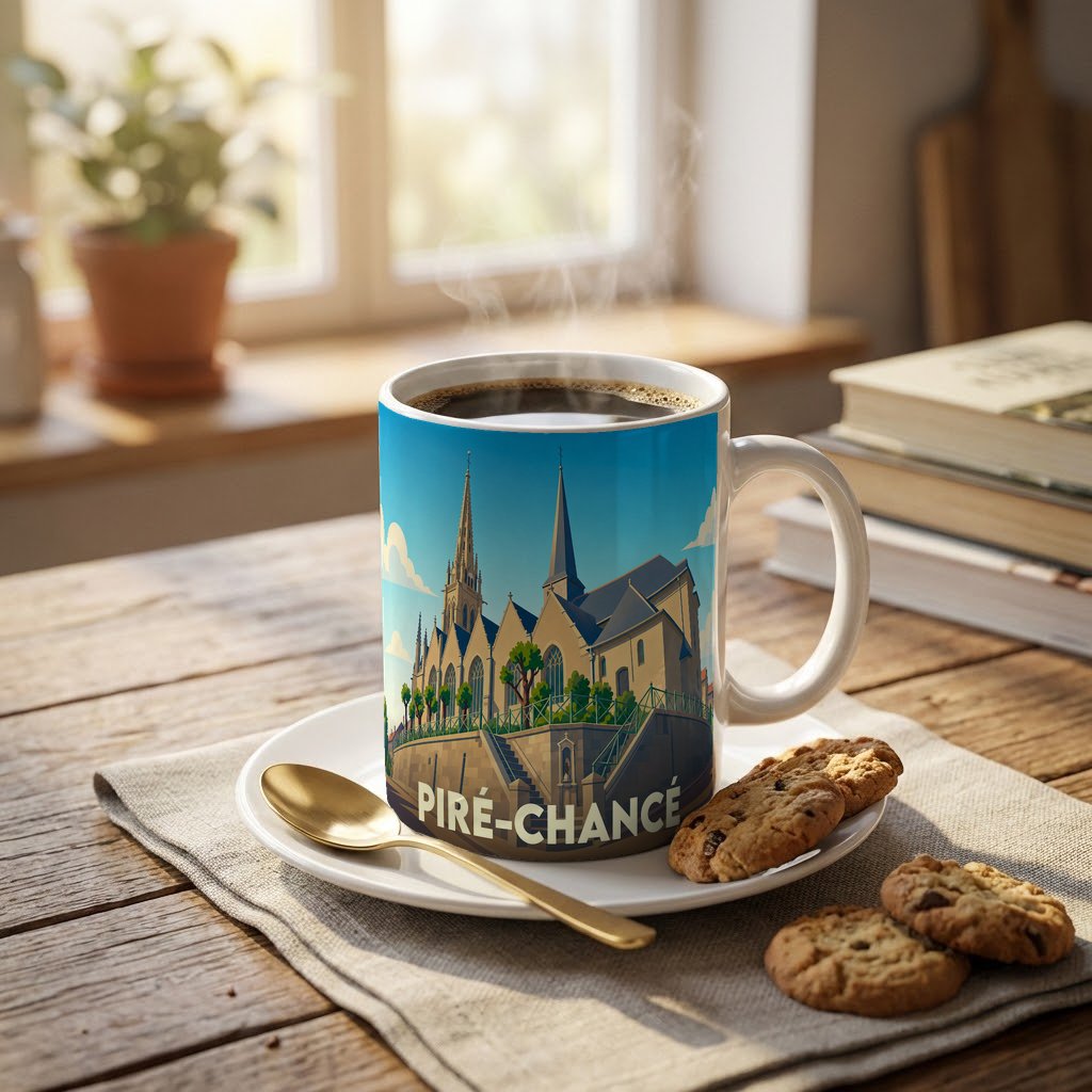 Mug souvenir de la ville de Piré-Chancé orné d'une illustration stylisée de son église.