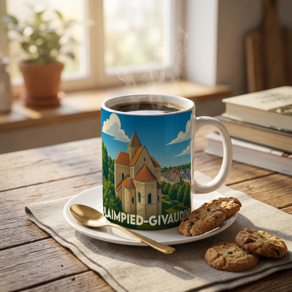 Mug souvenir de la commune de Plaimpied-Givaudins orné d'une illustration stylisée de son église et de son paysage.