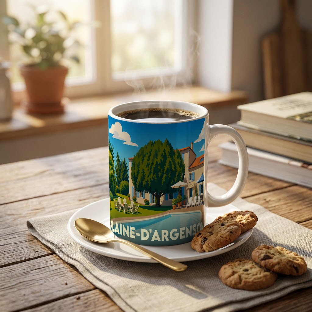 Mug souvenir de la ville de Plaine-d'Argenson avec une illustration stylisée d'une villa et sa piscine.