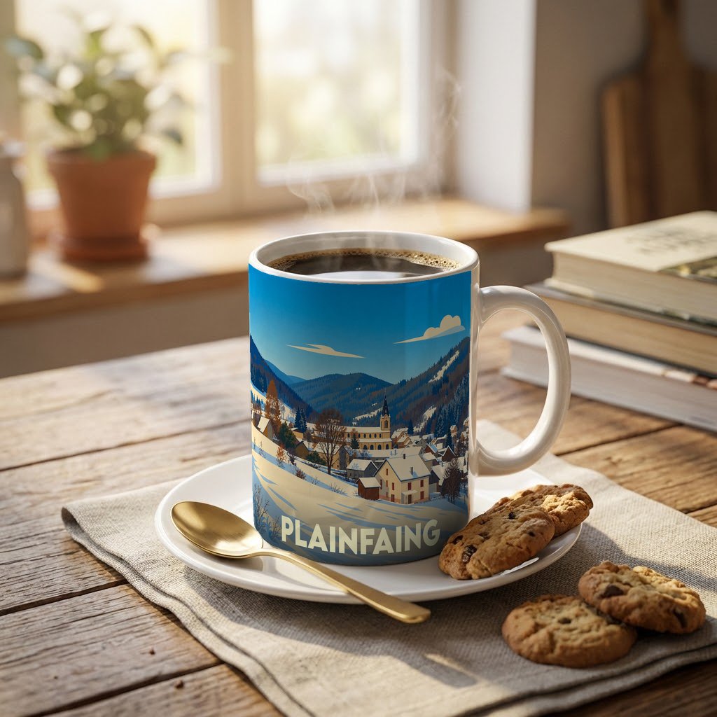 Mug souvenir de la ville de Plainfaing avec une illustration hivernale stylisée.
