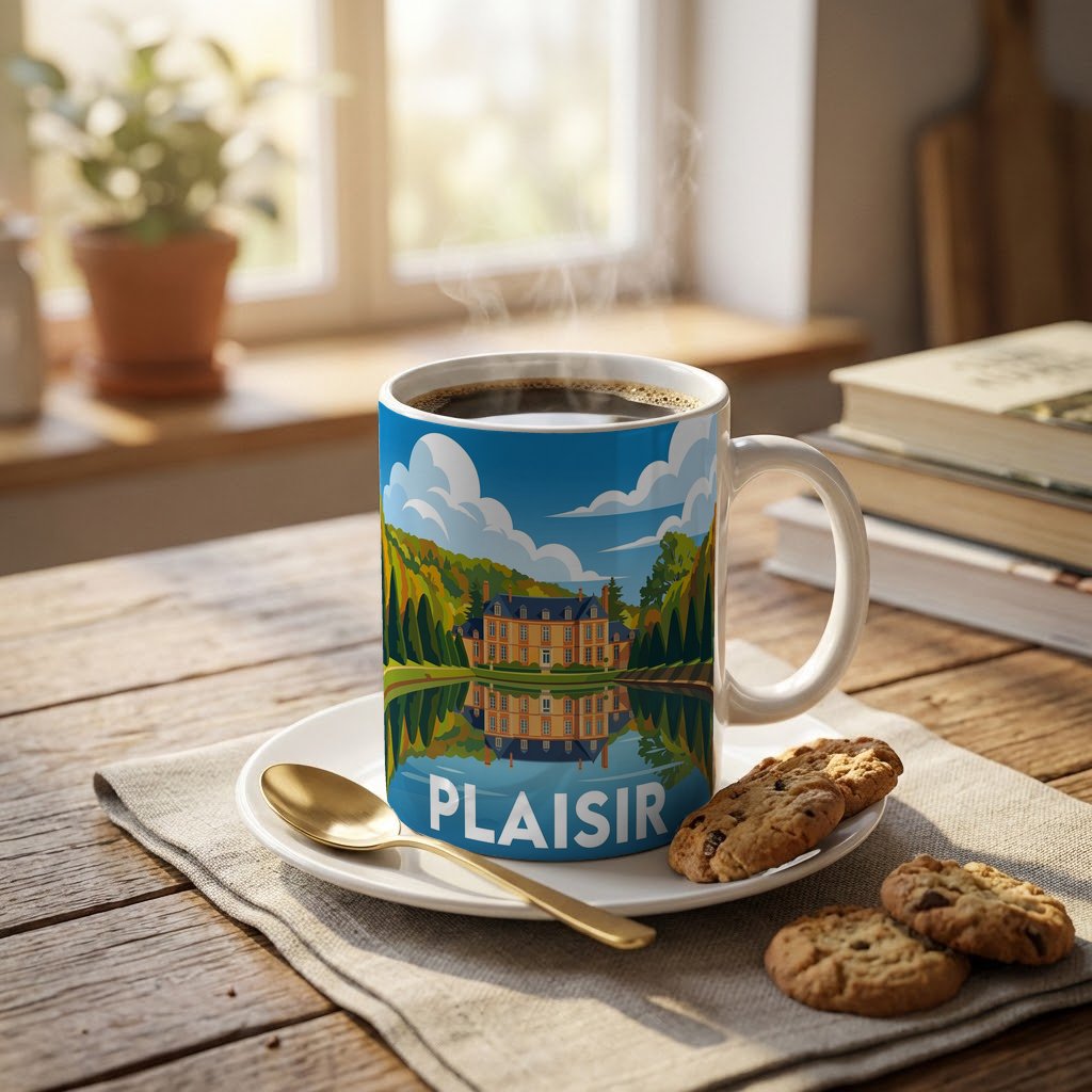Mug souvenir de la ville de Plaisir avec une illustration stylisée d'un château.