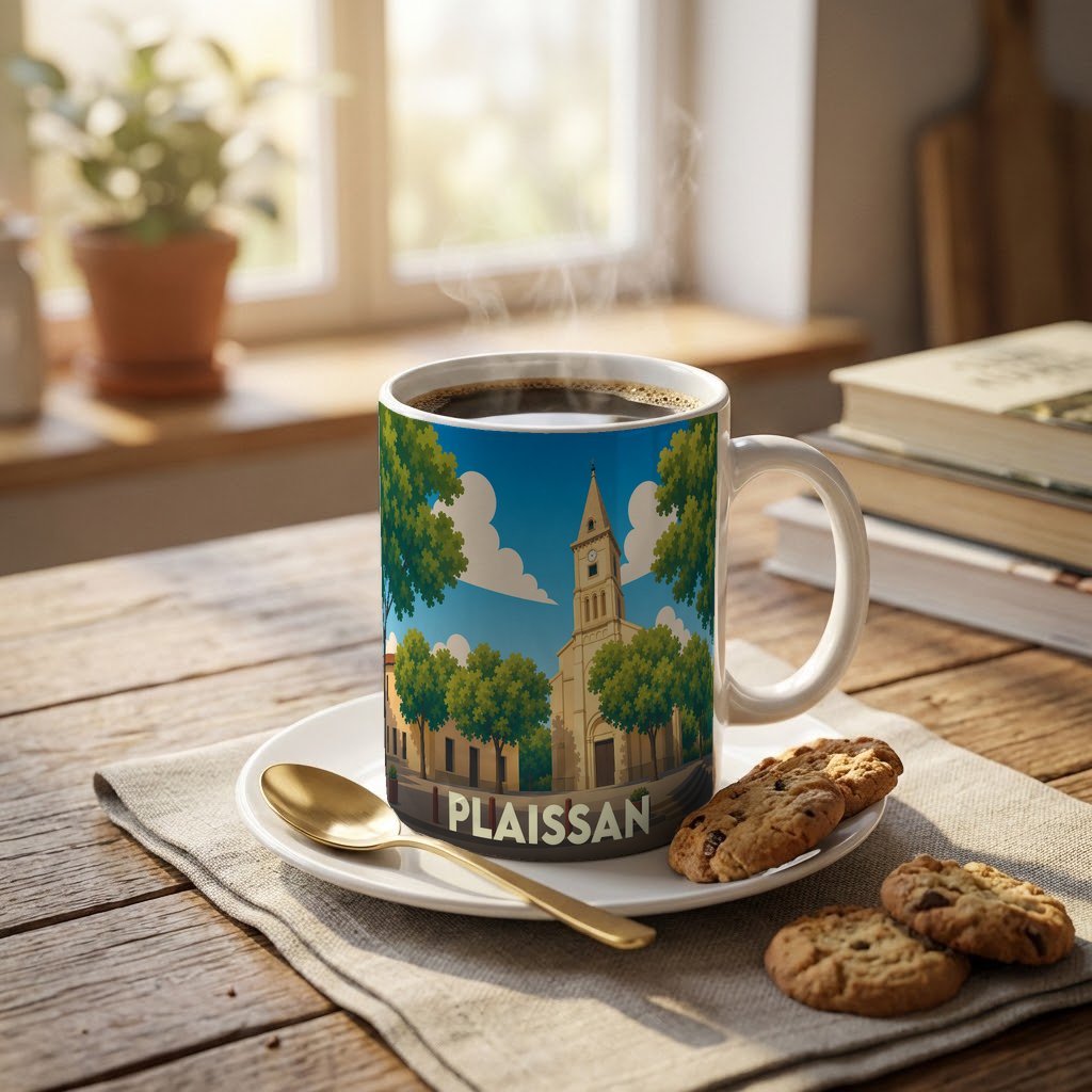 Mug souvenir de la ville de Plaissan avec une illustration stylisée de son église et de ses arbres.