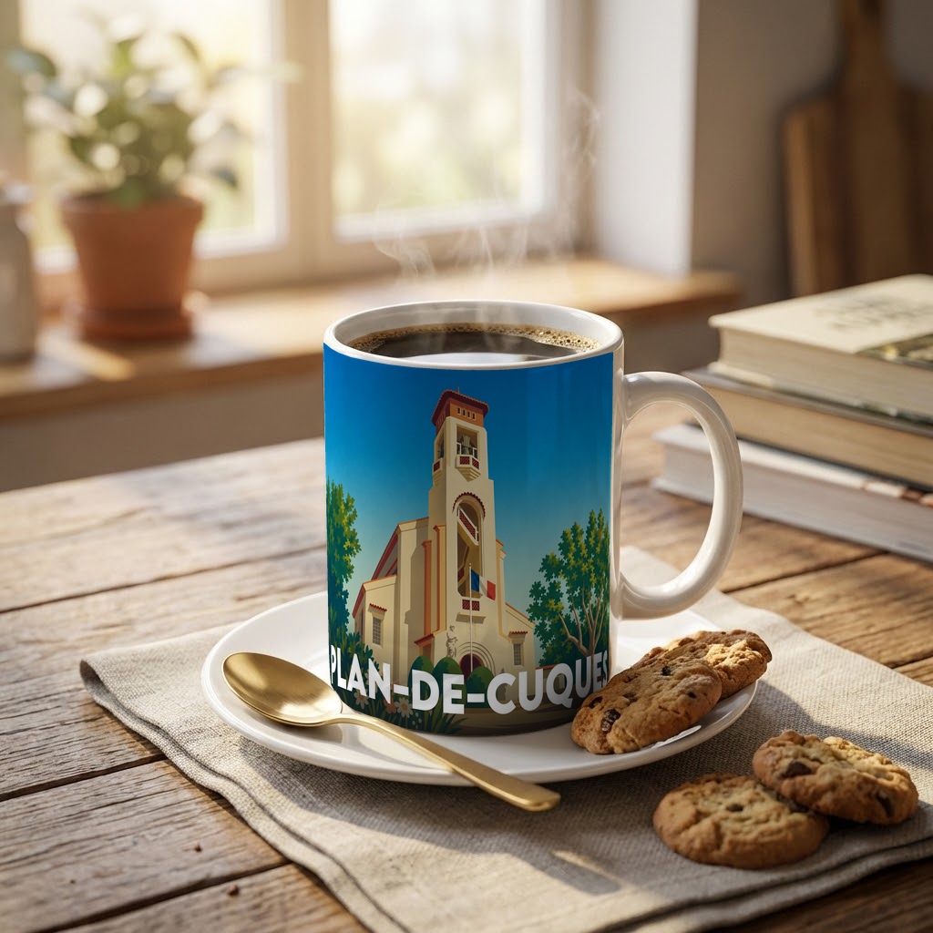 Mug souvenir de la ville de Plan-de-Cuques avec une illustration stylisée.