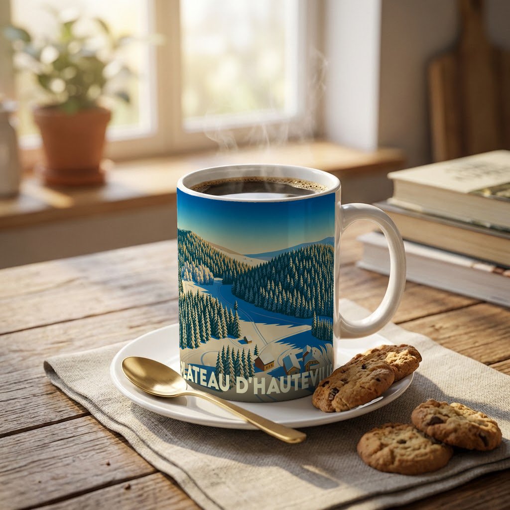 Mug souvenir de la ville de Plateau d'Hauteville orné d'une illustration hivernale stylisée.