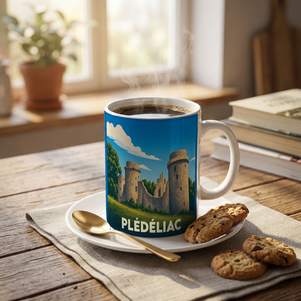 Mug souvenir de la ville de Plédéliac orné d'une illustration stylisée de son château médiéval.