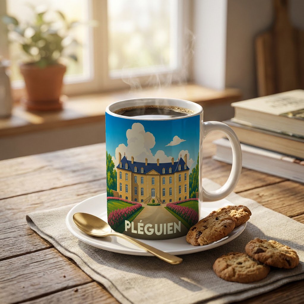 Mug souvenir de la ville de Pléguien illustré d'un château majestueux entouré de jardins fleuris.