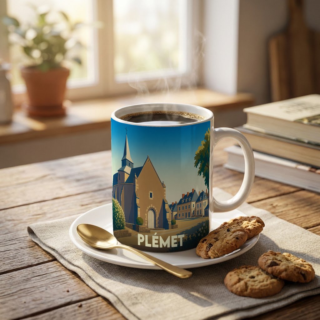 Mug souvenir de la ville de Plémet avec une illustration stylisée de son église et de ses maisons.