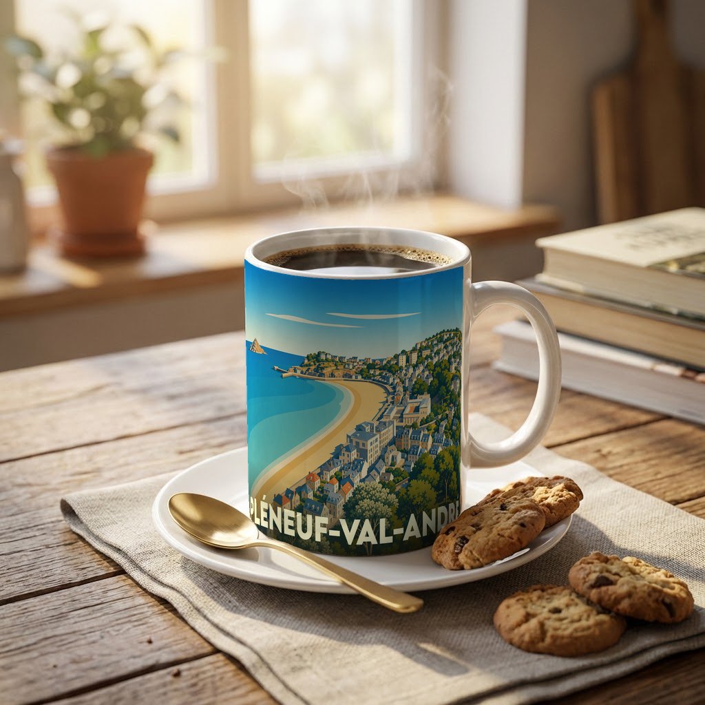 Mug souvenir de la ville de Pléneuf-Val-André avec une illustration stylisée de sa côte.