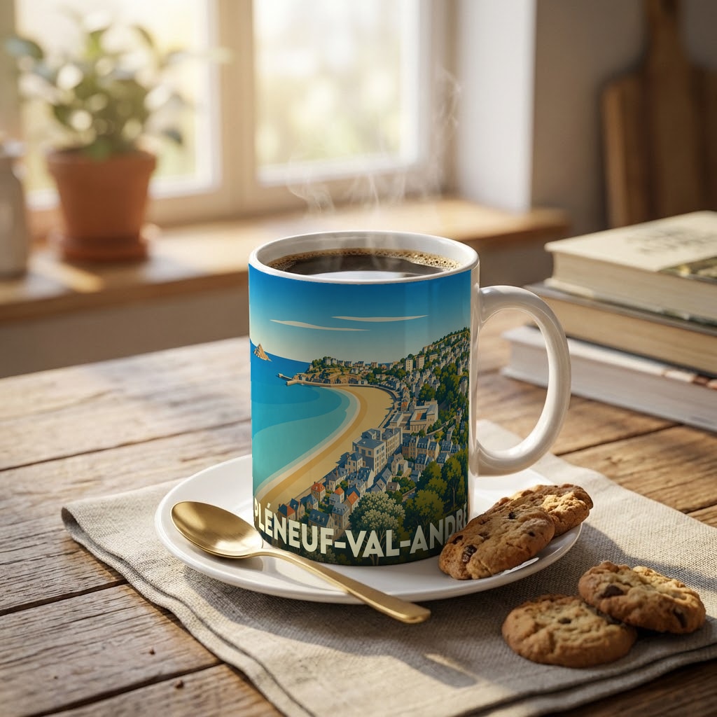 Mug souvenir de la ville de Pléneuf-Val-André avec une illustration stylisée de sa côte.