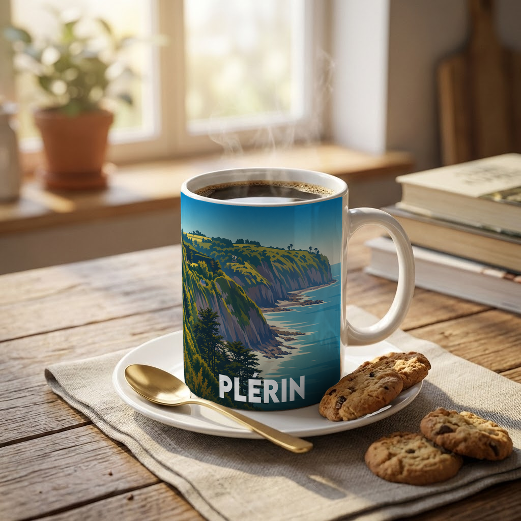 Mug souvenir de la ville de Plérin avec une illustration stylisée de son littoral.