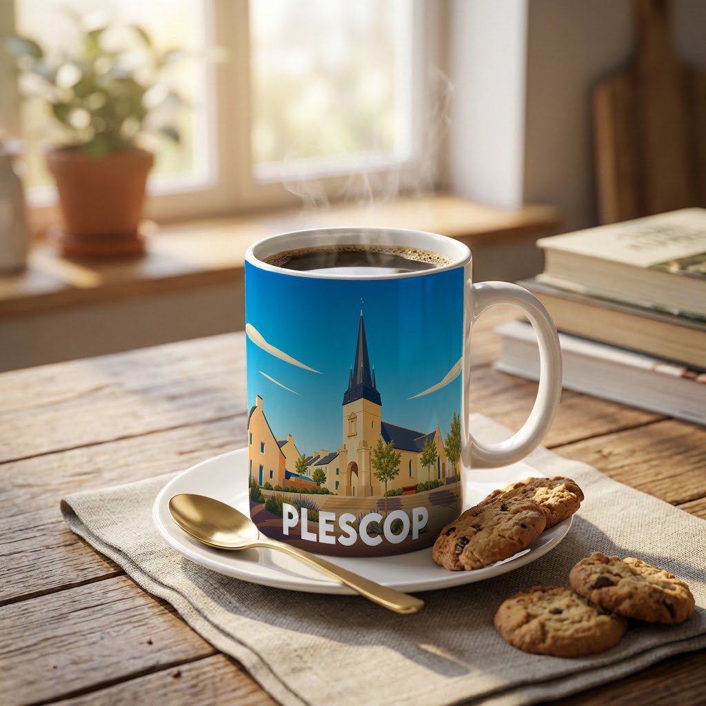 Mug souvenir de la ville de Plescop arborant une illustration stylisée de son église et de ses maisons typiques.