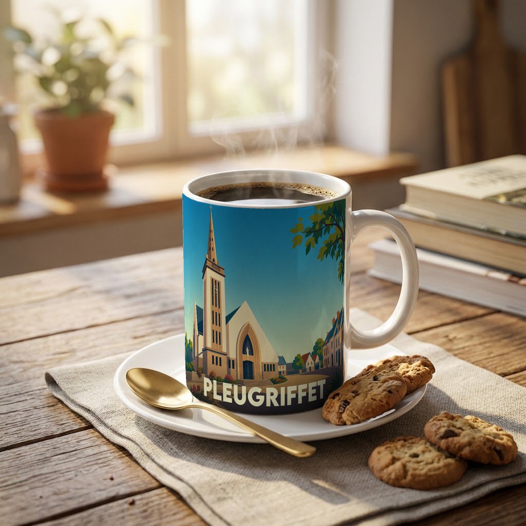 Mug souvenir de la ville de Pleugriffet avec une illustration stylisée de son église.