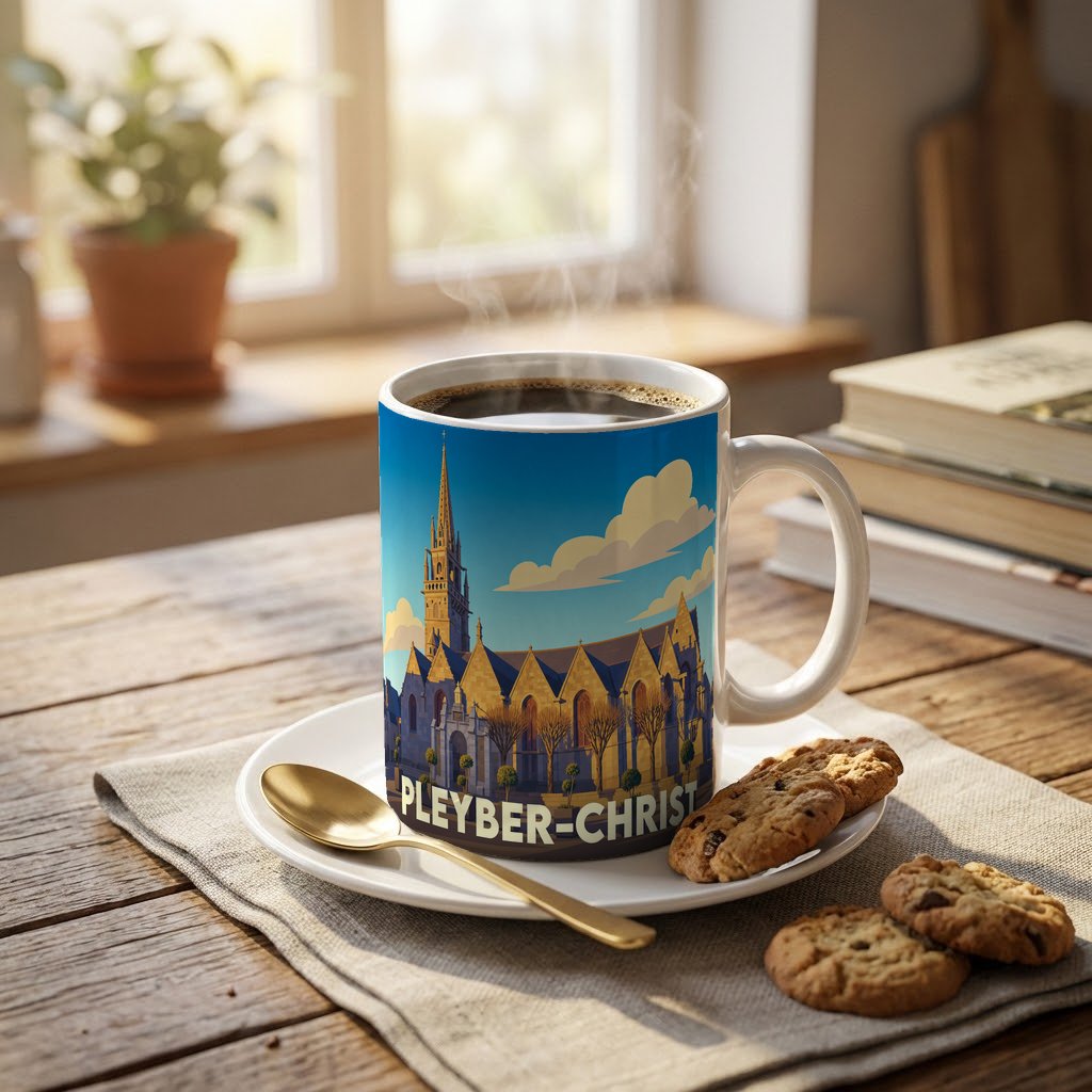 Mug souvenir de la ville de Pleyber-Christ avec une illustration stylisée de son église.