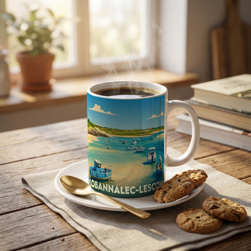Mug souvenir de la ville de Plobannalec-Lesconil avec une illustration stylisée d'un port de pêche breton.
