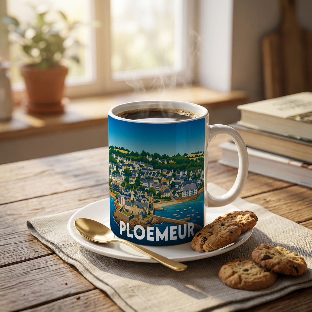 Mug souvenir de la ville de Ploemeur avec une illustration stylisée de son paysage côtier.
