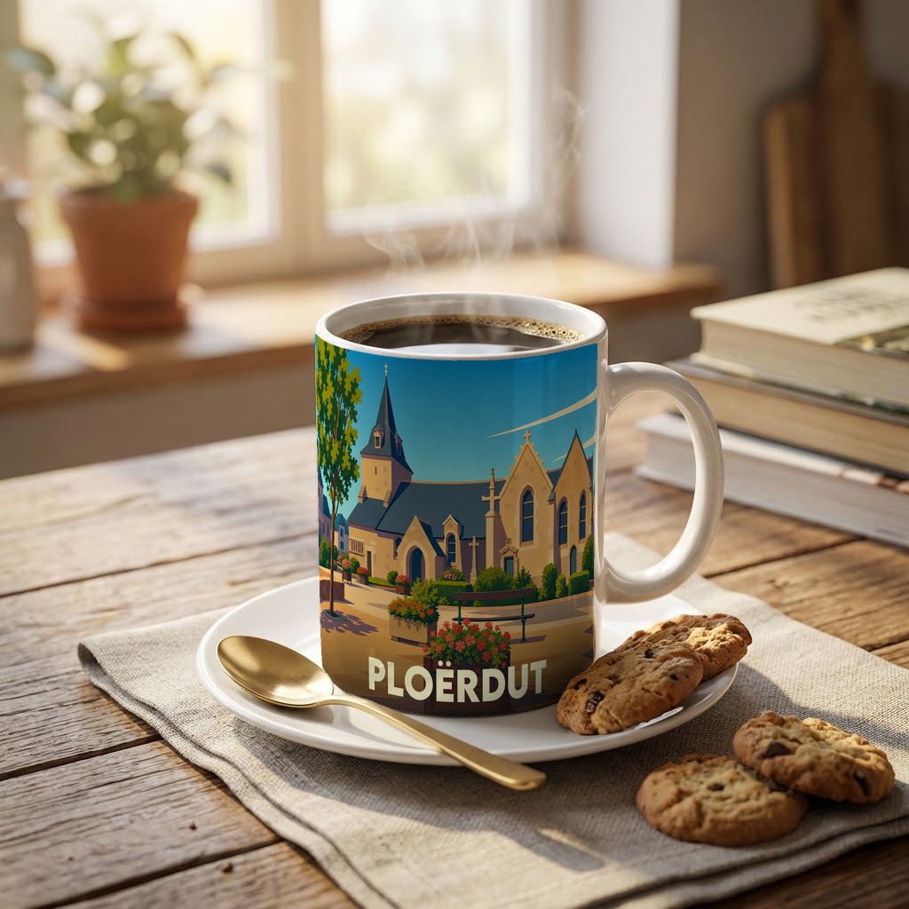Mug souvenir de la ville de Ploërdut illustré d'une scène de village pittoresque.