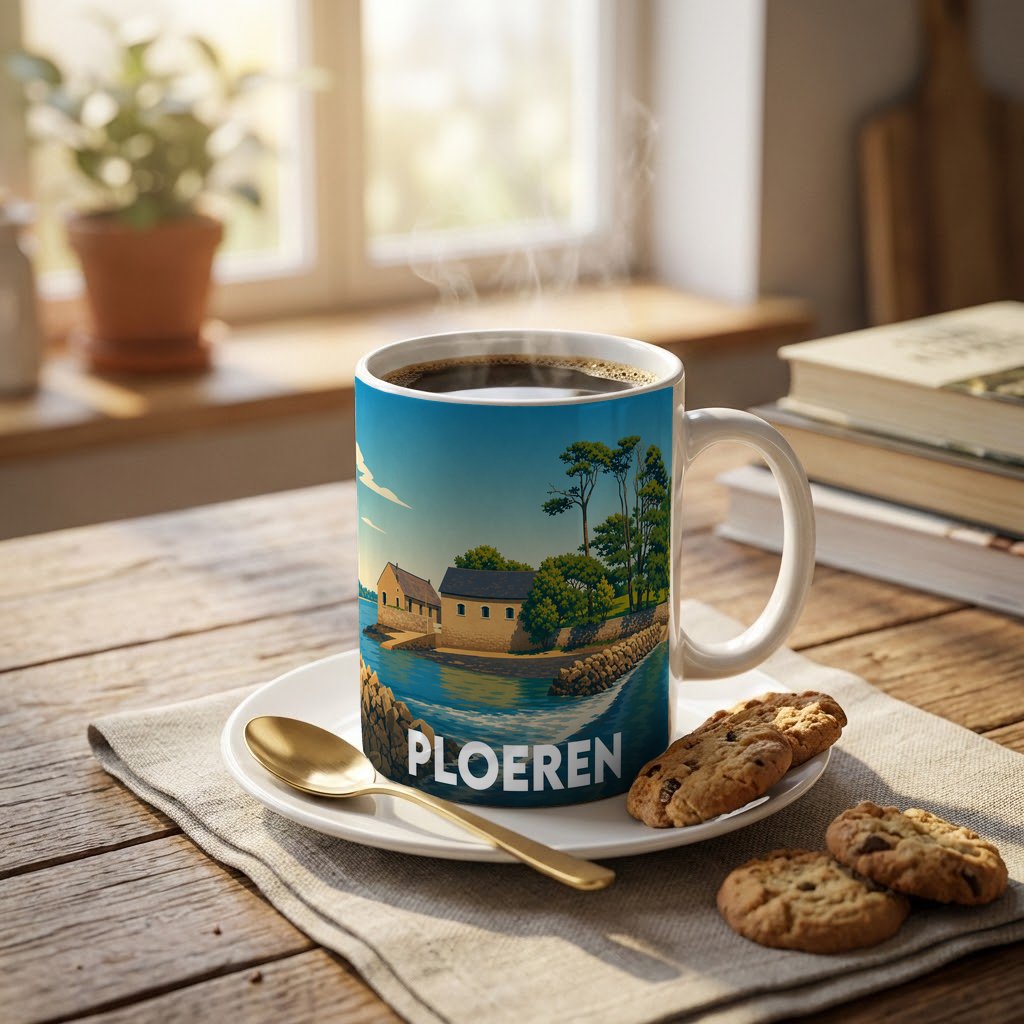 Mug souvenir de la ville de Ploeren arborant une illustration stylisée de son paysage côtier.