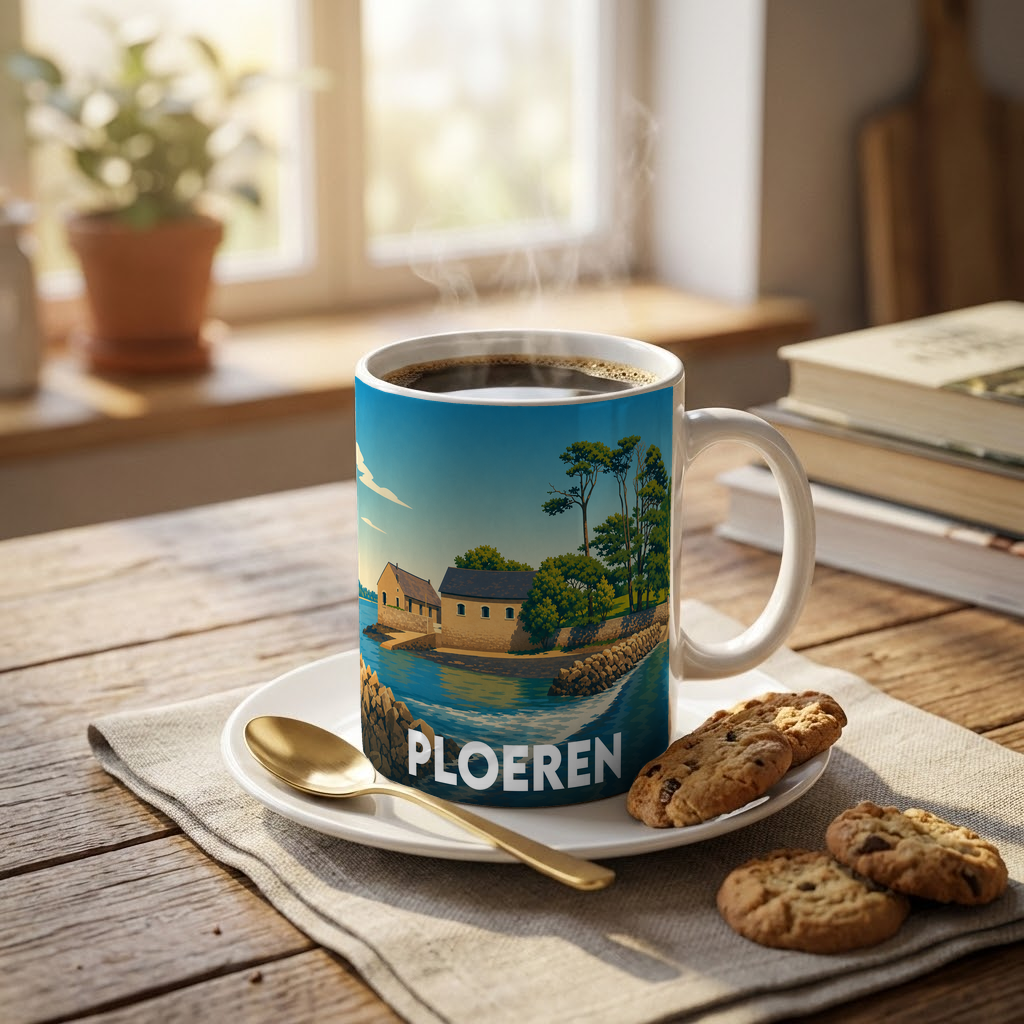 Mug souvenir de la ville de Ploeren arborant une illustration stylisée de son paysage côtier.