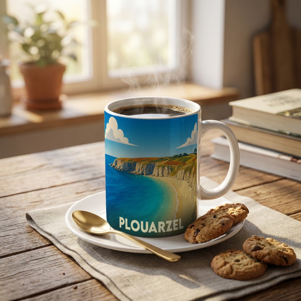 Mug souvenir de la ville de Plouarzel avec une illustration stylisée de son littoral.