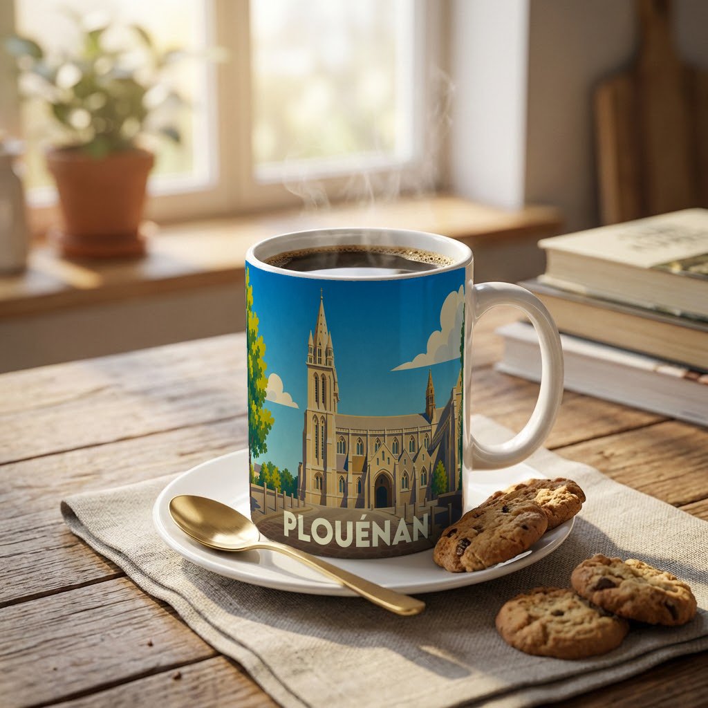 Mug souvenir de la ville de Plouénan avec une illustration stylisée de son église.