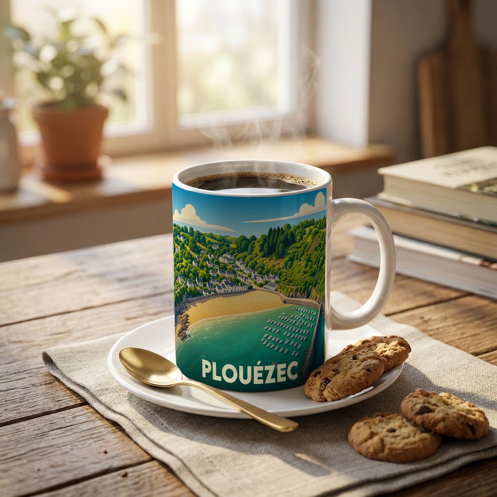 Mug souvenir de la ville de Plouézec illustré par un paysage côtier coloré.
