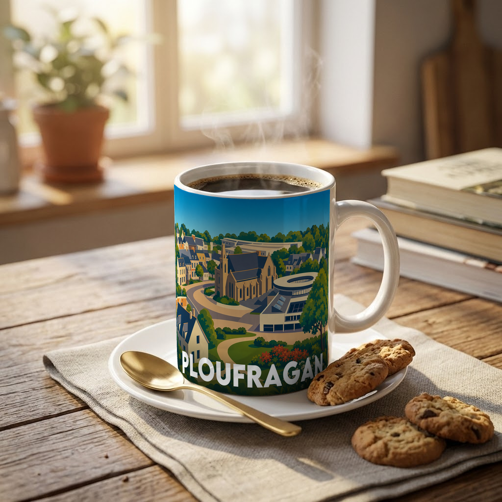 Mug souvenir de la ville de Ploufragan avec une illustration stylisée.