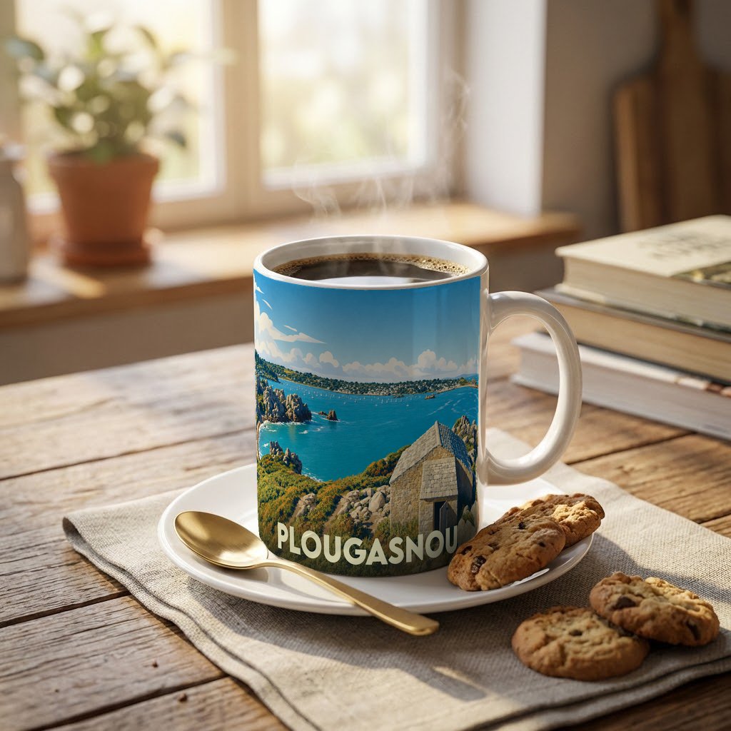 Mug souvenir de la ville de Plougasnou illustré d'un paysage côtier stylisé.