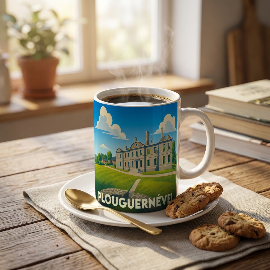 Mug souvenir de la ville de Plouguernével avec une illustration stylisée de manoir champêtre.