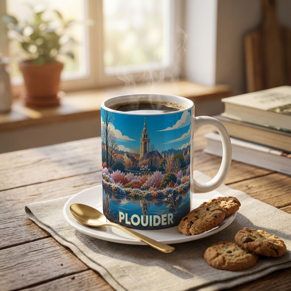 Mug souvenir de la ville de Plouider illustré d'un paysage coloré et stylisé.