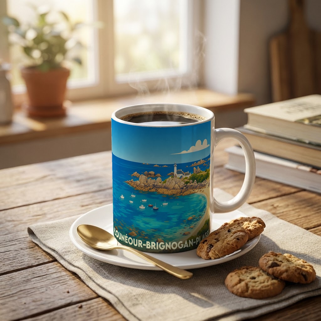 Mug souvenir de la ville de Plounéour-Brignogan-Plages avec une illustration stylisée de son littoral et de son phare.